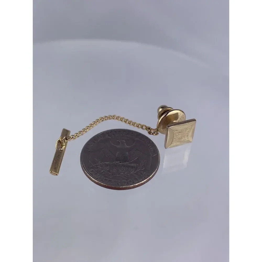 Square Simple Gold Tone Tie Tack Pin Carved Brushed Metal Vintage